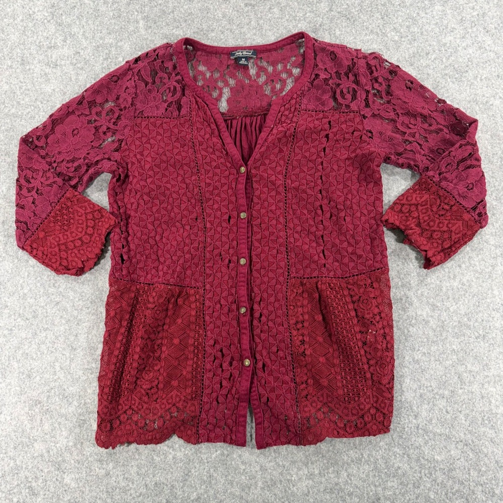 Lucky Brand Burgundy Mixed Lace Button‎ Front Boho Cardigan Top Womens Medium